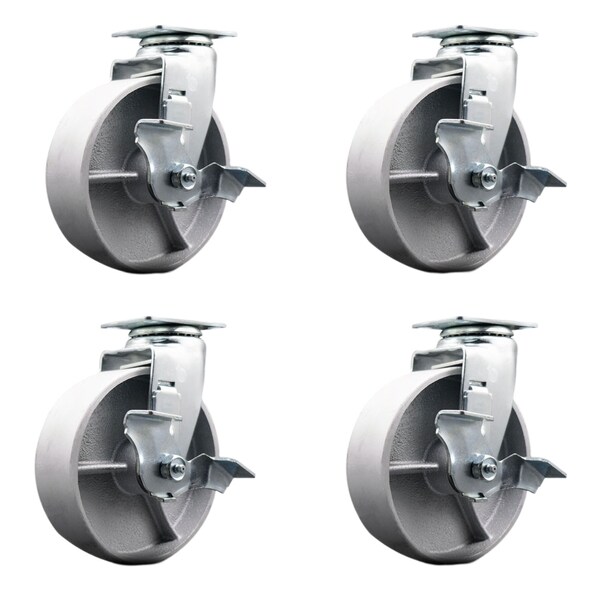 Service Caster 6 Inch Semi Steel Cast Iron Swivel Caster Set with Roller Bearings and Brakes SCC-20S620-SSR-TLB-4 - main
